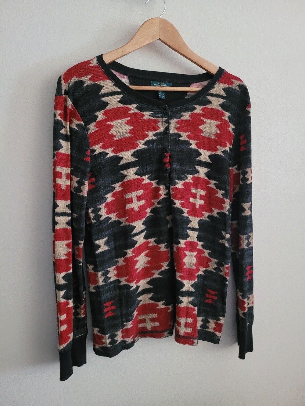 LRL Southwestern Patterned Earthy Waffle Knit Henley, Women's XL, Red & Tan